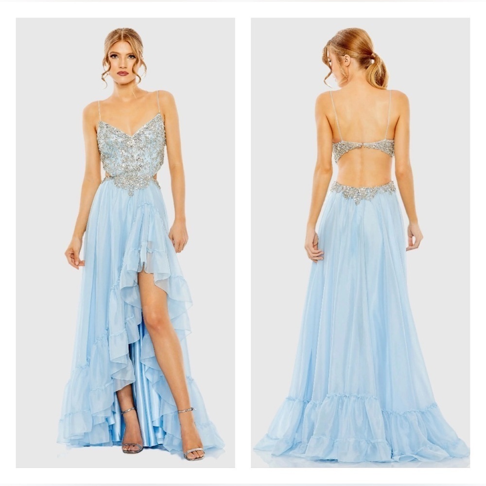 Ieena for Mac Duggal 2212 NWOT Blue Embellished Cut Out Open Back High Low Gown